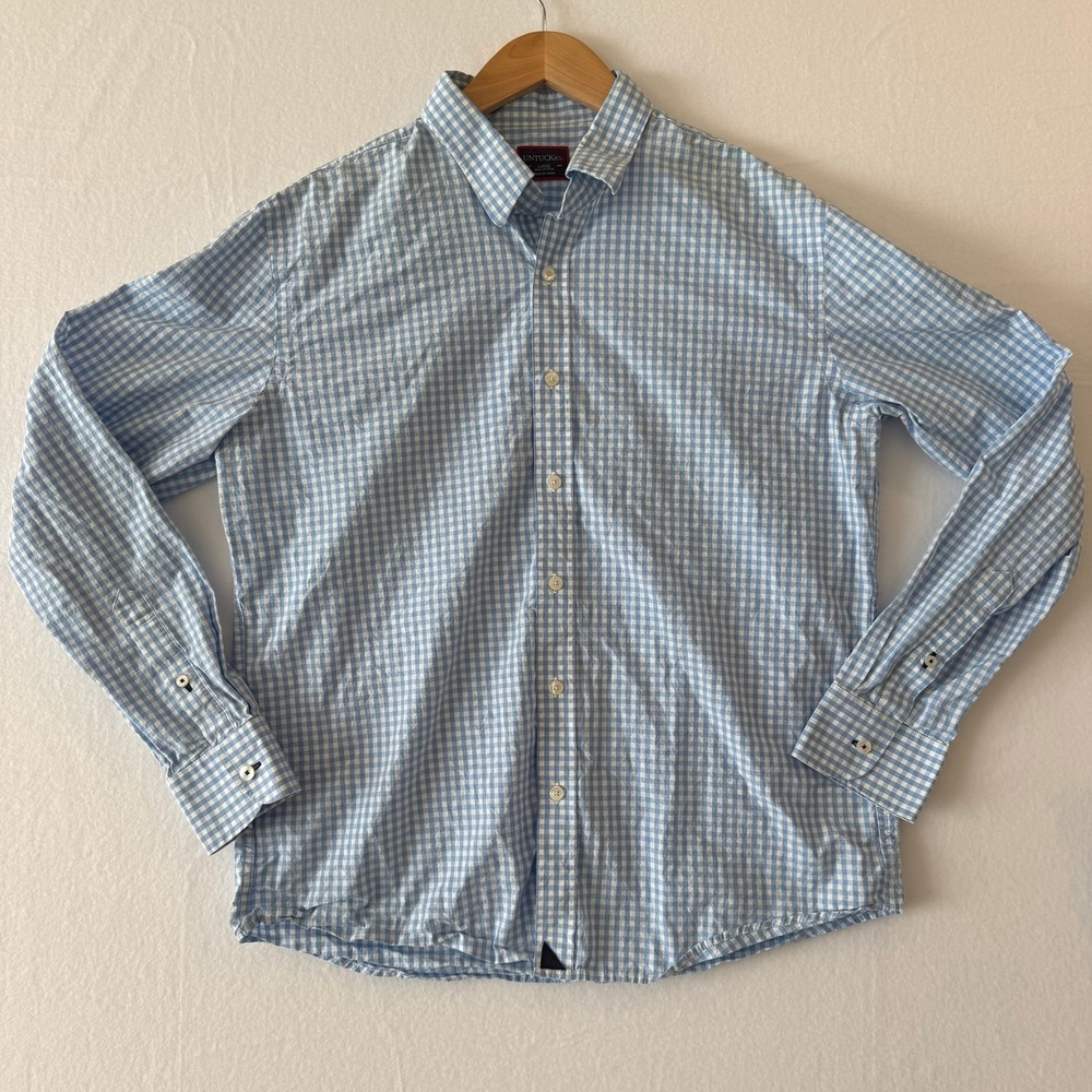 UNTUCKit Mens Large Blue White Gingham Cotton Long Sleeve Button Down Shirt